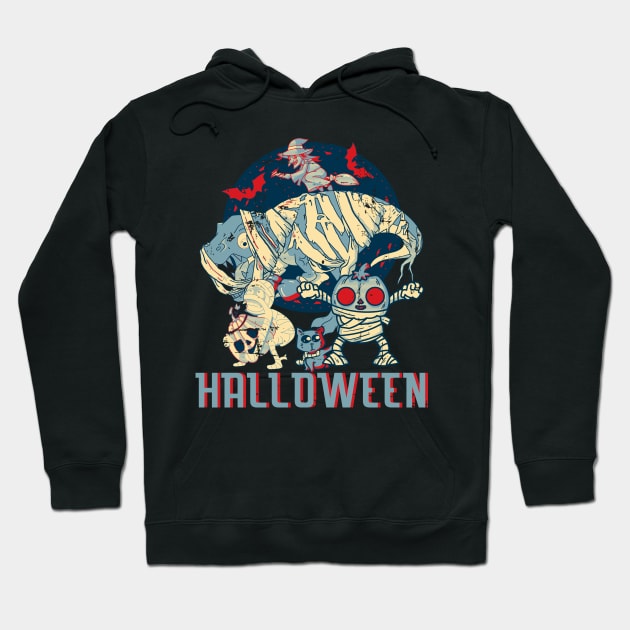 Retro Dinosaur Mummy Pumpkin Cat Witch Halloween Crew Party Hoodie by alcoshirts